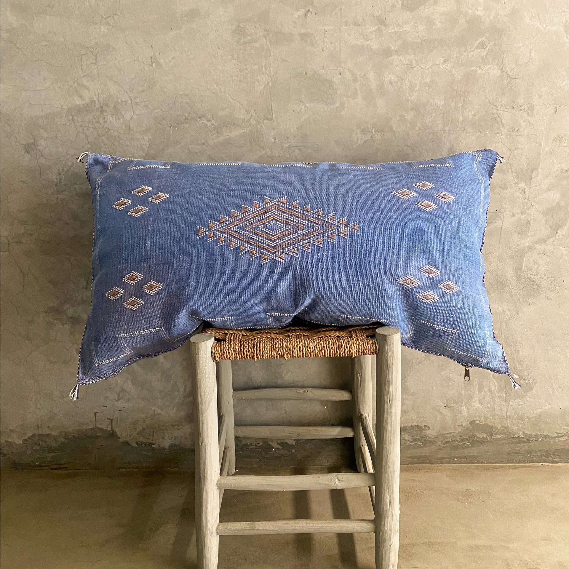 Authentic Blue Moroccan Sabra Silk Cushion – Handwoven Cactus Silk